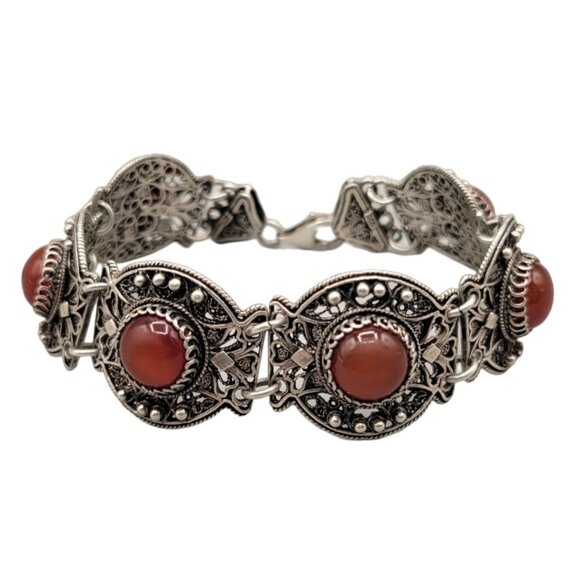 Jewelry - Carnelian Cabochon Sterling Silver Panel Bracelet 925 Lobster Clasp Boho 36 Gram